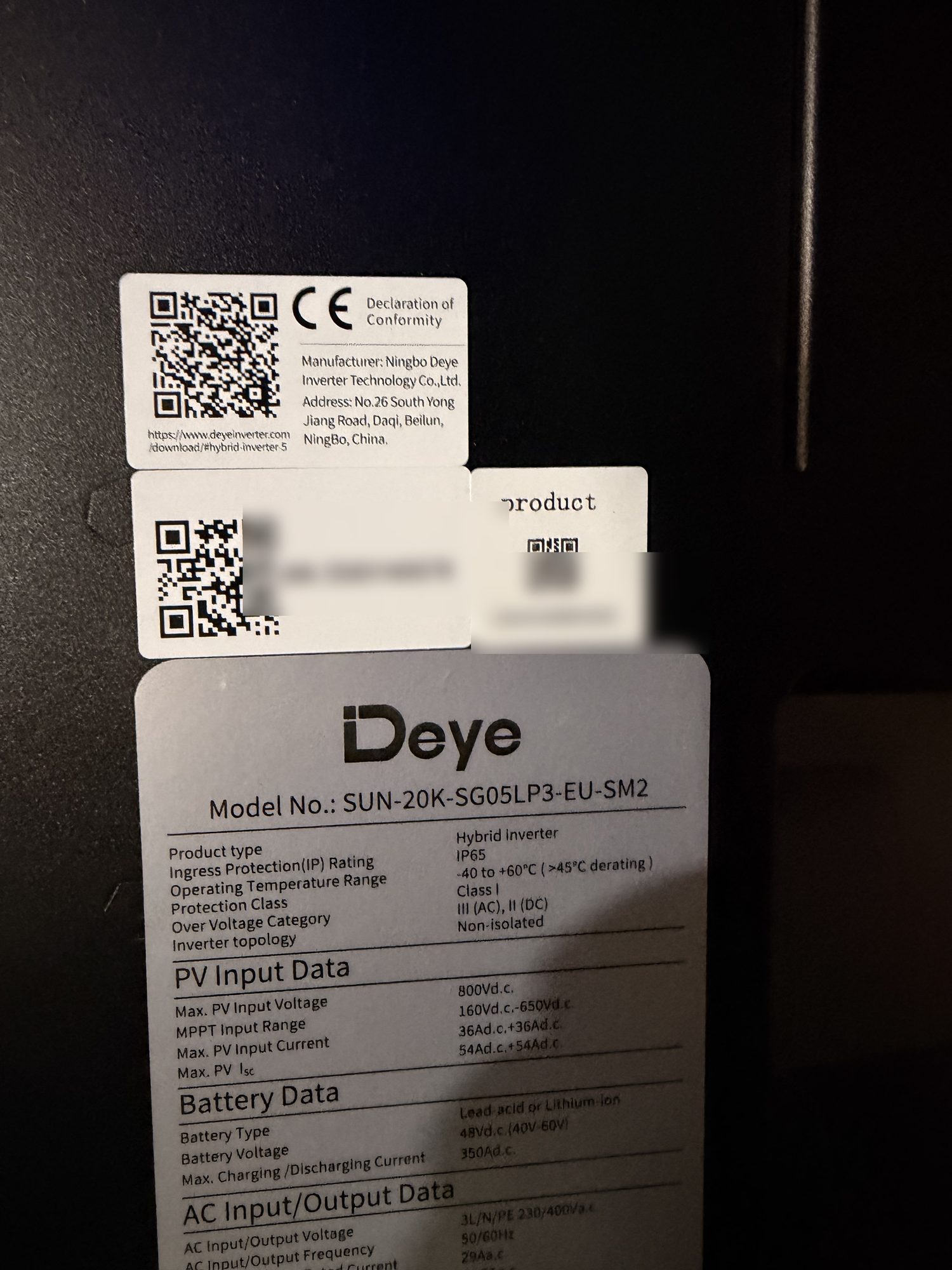 Шильдик инвертора Deye SUN-20K-SG05LP3-EU-SM2: PV до 800 В, MPPT 160–650 В, батарея 48 В