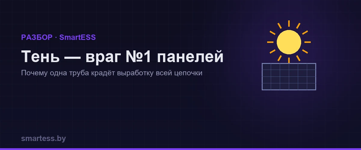 Тень от трубы падает на солнечные панели на крыше